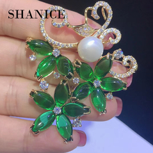 SHANICE-broche de flores verdes de circonia cúbica para mujer, broches de perlas de imitación de cristal, joyería nupcial para mujer 2024 - compra barato