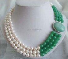 Free Shipping >>>>>3 Rows Jewelry 7-8MM Real White Freshwater Pearl & Natural Green stone Necklace 2024 - buy cheap