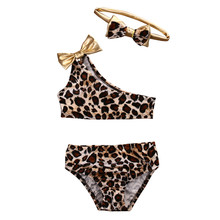 3 pçs verão criança roupa de banho crianças bebê menina leopardo um ombro arco bikini conjunto bandana maiô traje beachwear 2024 - compre barato