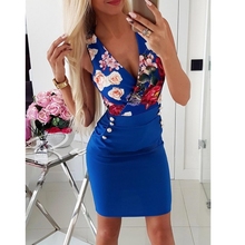 Summer Dreses Stretch Sexy Bodycon Dress Sleeveless V-neck print overlay side pocket stitching dress Women  Party Dress 2024 - buy cheap