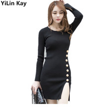 YiLin Kay 2019 высококачественное женское трикотажное платье с разрезом облегающее однобортное платье-карандаш с длинным рукавом 2024 - купить недорого