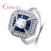 Anillos de dedo de Plata de Ley 925 cuadrado grande Mocro pavimentado blanco completo/azul Cristal brillante Zircon joyería de las mujeres para la boda 2024 - compra barato