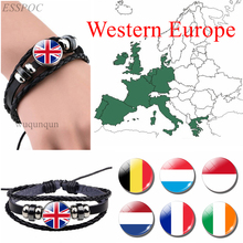 Western Europe: United Kingdom Belgium France Netherlands Flag Black Bracelet Glass Dome Jewelry Leather Button Men Bangle Gifts 2024 - buy cheap