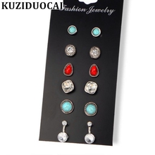 Kuziduocai-pendientes de gota de agua con circón para mujer y niña, conjunto de 6 piezas, Color plata antigua, E-110 2024 - compra barato