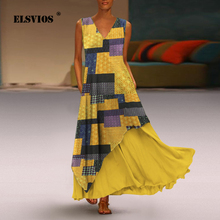 ELSVIOS 2019 Boho Women V-neck Floral Print Party Dress Summer Ruffle Patchwork Sleeveless Long Dress Sexy Two Piece Dresses Set 2024 - buy cheap