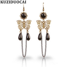 Kuziduocai новые модные ювелирные изделия винтажные бронзовые бабочки капли воды кисточки серьги-гвоздики для женщин эффектные бриллианты 2024 - купить недорого