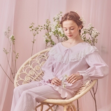 Free Shipping New Autumn Princess Women's Pajamas Long Pants Set Pink and Purple Sleepwear 100% Cotton Nightshirt Lace Nightgown 2024 - buy cheap