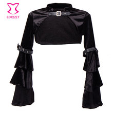Punk Gothic Black Velvet Ruffle Tiered Long Flare Sleeve Women Jacket Coats With Buckled Belt Steampunk Short Bolero Outwear 2024 - buy cheap