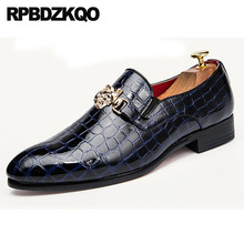 Couro de patente crocodilo pele de cobra couro masculino vestido azul sapatos formatura escritório preto venda quente apontou dedo do pé cobra casamento 2024 - compre barato