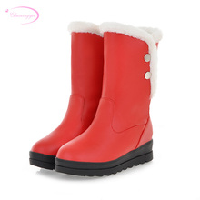 Chainingyee sweet style round head winter warm mid-calf boots rivets black red brown beige high heel wedge women's snow boots 2024 - buy cheap