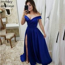 Sexy Cheap Plus Size Evening Dresses 2021 New V-neck Floor Length Satin Zipper Back Side Slit Off Shouler Formal Robe De Soiree 2024 - buy cheap