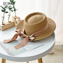 RUHAO Women's Summer Beach Straw Hat Boater Cap With Ribbon Bow For Vacation Holiday Audrey Hepburn wide brim visors Sun hat 2024 - buy cheap