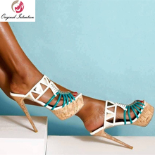 Sandalias de gladiador con plataforma para mujer, zapatos de tacón alto de aguja, azul y blanca Sandalia, talla 15, para verano 2024 - compra barato
