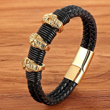 TYO High Quality Punk Double Layered Braided Genuine Leather Bracelets with 3Pcs Skull Head Charms Stainless Steel Gold 2024 - buy cheap
