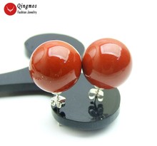 Qingmos-pendientes de Coral Natural para mujer, aretes redondos de 16mm, color rojo, joyería de plata de ley 925, pendiente de tuerca, ear724 2024 - compra barato
