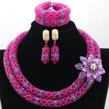 Splendid Fuchsia Pink Mix Blue Balls Crystal Costume Necklaces Nigerian Wedding African Beads Jewelry Set Free Shipping HX927 2024 - buy cheap