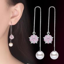ANENJERY 925 Sterling Silver Pink Crystal Micro Zircon Cherry Blossom Flower Pearl Tassel Earrings For Women Girl S-E567 2024 - buy cheap