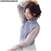 Blusa Coreana de manga larga con lentejuelas para mujer, blusa Elegante de gasa con retales, talla grande, Primavera, 2019 2024 - compra barato