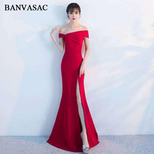 BANVASAC 2018 cuello barco Split sirena vestidos largos de noche de fiesta asimétricos de manga corta vestidos de fiesta sin espalda 2024 - compra barato