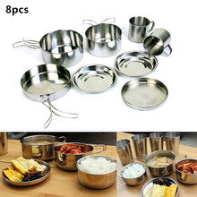 8Pcs/Set Outdoor Portable Camping Picnic Cookwares Stainless Steel Bowl Pan Cup Combination Cooking Set 2024 - buy cheap