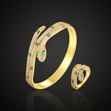 Theresa-Conjunto de joyería de marca de lujo, brazalete con anillo, animal, serpiente, piedra verde clásica, 3A, Circonia cúbica, micro pavé, ajuste de moda 2024 - compra barato