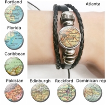 Portland Map Black Beather Bracelet , Handmade Glass Cabochon Florida Caribbean Pakistan World Map Braceletet Fashion Jewelry 2024 - buy cheap