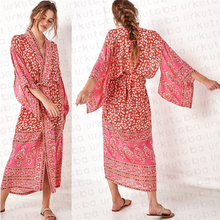Women Chiffon Red Floral Print Kimono Beach Cardigan Long Shirt Beach Holiday Blouse 2024 - buy cheap