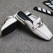 crystal decoration slippers women metal chains flip flops square toe leather slides shoes woman summer pantoufles femme 158 2024 - buy cheap