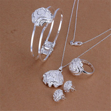 Selling silver color jewelry set fashion classic temperament Rose flower pendant necklace bangles ring Stud Earrings S322 2024 - buy cheap