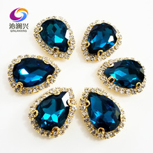 Peacock blue Golden bottom Top grade Glass Crystal buckle,Drop shape sew on rhinestones,Diy wedding decoration 10pcs/pack SWSK13 2024 - buy cheap