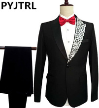 PYJTRL Mens Fashion Crystal Lapel Black Suits Stage Singer Moderator Wedding Bridegroom Prom Dress Suit Costume Homme Slim Fit 2024 - buy cheap