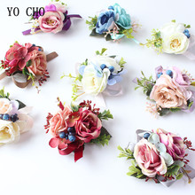 YO CHO Silk Roses Wrist Corsage Bracelets Bridesmaid White Pink Hand Flowers Wedding Boutonnieres Corsages Marriage Prom Flowers 2024 - buy cheap