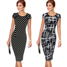 Women New Fashion Office Lady Slim Short-Sleeve Dot Vintage Dress Summer Casual Short Pencil Midi Dress Plus Size Hot 2024 - buy cheap