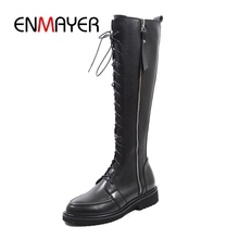 ENMAYER Women round toe zipper lace up knee high boots lady fashion square heel boots Black shoes Big size 34-42 ZYL1096 2024 - buy cheap