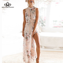 Bella philosophy vestido boho de chiffon, longo, estampa floral, sem costas, boêmio, feriado, praia, mulheres 2024 - compre barato