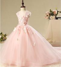 Long Trailing Pink Tulle Girl Pageant Ball Gown Floral Flower Girl Dress for Wedding Girl Party Princess First Communion Gowns 2024 - buy cheap