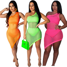 BKLD Neon Color Sheer Mesh Sexy Three Piece Sleeveless Dress Sets Women Bodycon Summer Beach Outfits 3 Piece Matching Suits Sets 2024 - buy cheap