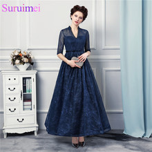 New Arrival Tea Length Evening Dresses Lace With Jacket Backless Navy Blue Evening Gown 2024 - buy cheap