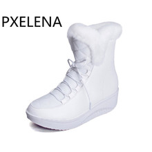 Pxelena bota de neve feminina, sapatos baixos com plataforma de pele macia, quentes para o inverno, preto e branco, tamanho grande 34-43, venda imperdível 2024 - compre barato