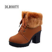 Women Ankle Snow Boots Martin Winter Warm High Heels 2018 Female Casual Shoes Woman Fashion Platform Solid Thick heel Lace Up 2024 - buy cheap