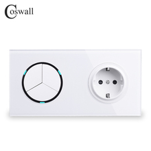 Coswall White Crystal Glass Panel 16A EU Russia Standard Wall Power Socket + 3 Gang 1 Way On / Off Light Switch LED Indicator 2024 - buy cheap