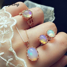 RongXing Mystic Rainbow Fire Opal Oval Stone Ring Earrings Necklace Jewelry Sets for Women Retro Rose Gold Birthstone Bridal Set 2024 - buy cheap