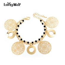 Longway pulseiras de cor dourada sbr160047, pulseiras multicamadas de cristal preto com pingente redondo e folhas de ferro 2024 - compre barato