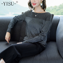 Yisu suéter fino feminino com decote em o, blusão feminino solto de primavera e outono 2019, suéter casual sólido de seda brilhante 2024 - compre barato