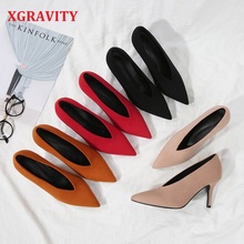 XGRAVITY European American Autumn Fashion High Heel Pumps Sexy Pointed Toe Women Shoes Kid Suede Female V Cut Ladies Shoes A025 2024 - buy cheap