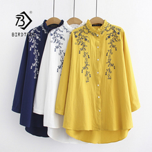 2022 New Arrival Vine Embroidery Ruched Stand Collar Long Solid Blouse Casual Cotton Shirt Loose Basic Top Feminina Blusa T9490 2024 - buy cheap