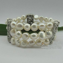 Joyería de perlas, pulsera elástica con tres tiras de perlas de agua dulce auténtica, color blanco Natural, 8-9mm, joyería 2024 - compra barato