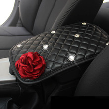 Leather Universal Car Armrest Pad Covers Creative Rose Flower Rhinestone Crystal Auto Center Console Arm Rest Seat Box Pad Women 2024 - buy cheap