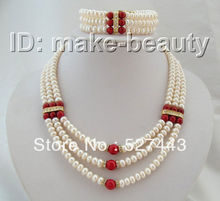 Wholesale free shipping CLASSIC 3rows 8mm baroque white pearls red coral necklace bracelet a set 2024 - buy cheap