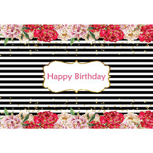 Fondo de Feliz cumpleaños a rayas blancas y negras, telón de fondo impreso, rosa, rojo, rosas, oro, lunares, fiesta temática, fotomatón 2024 - compra barato
